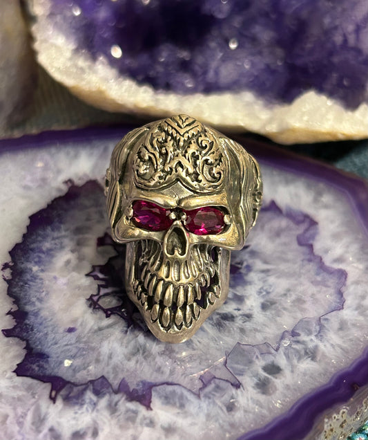 Sterling Silver Large Skull With Ruby Eyes And Designs Ring Size 10