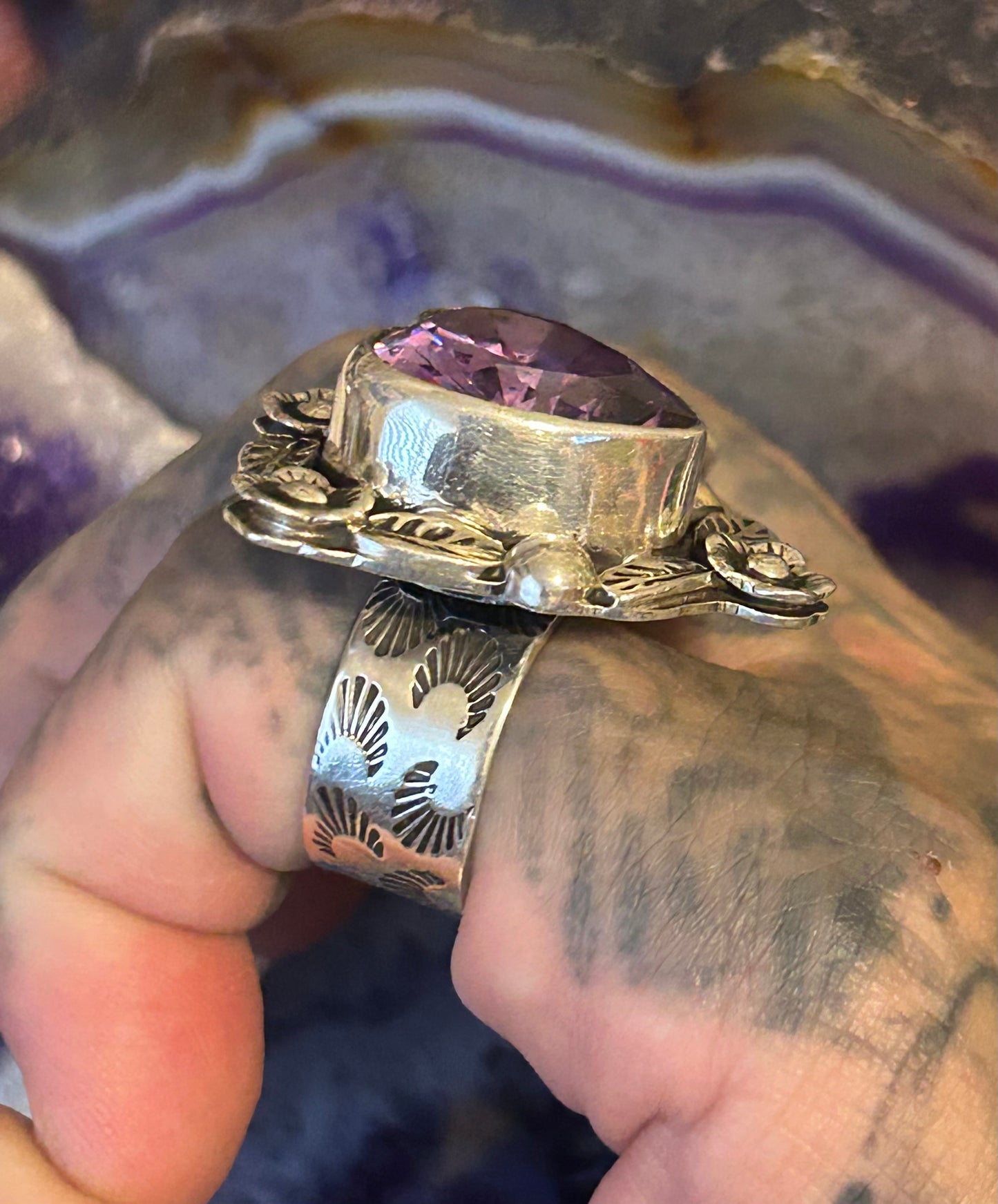Taxco Mexico Sterling Silver Large Lavender Zircon Heart & Flowers Ring Adjustable