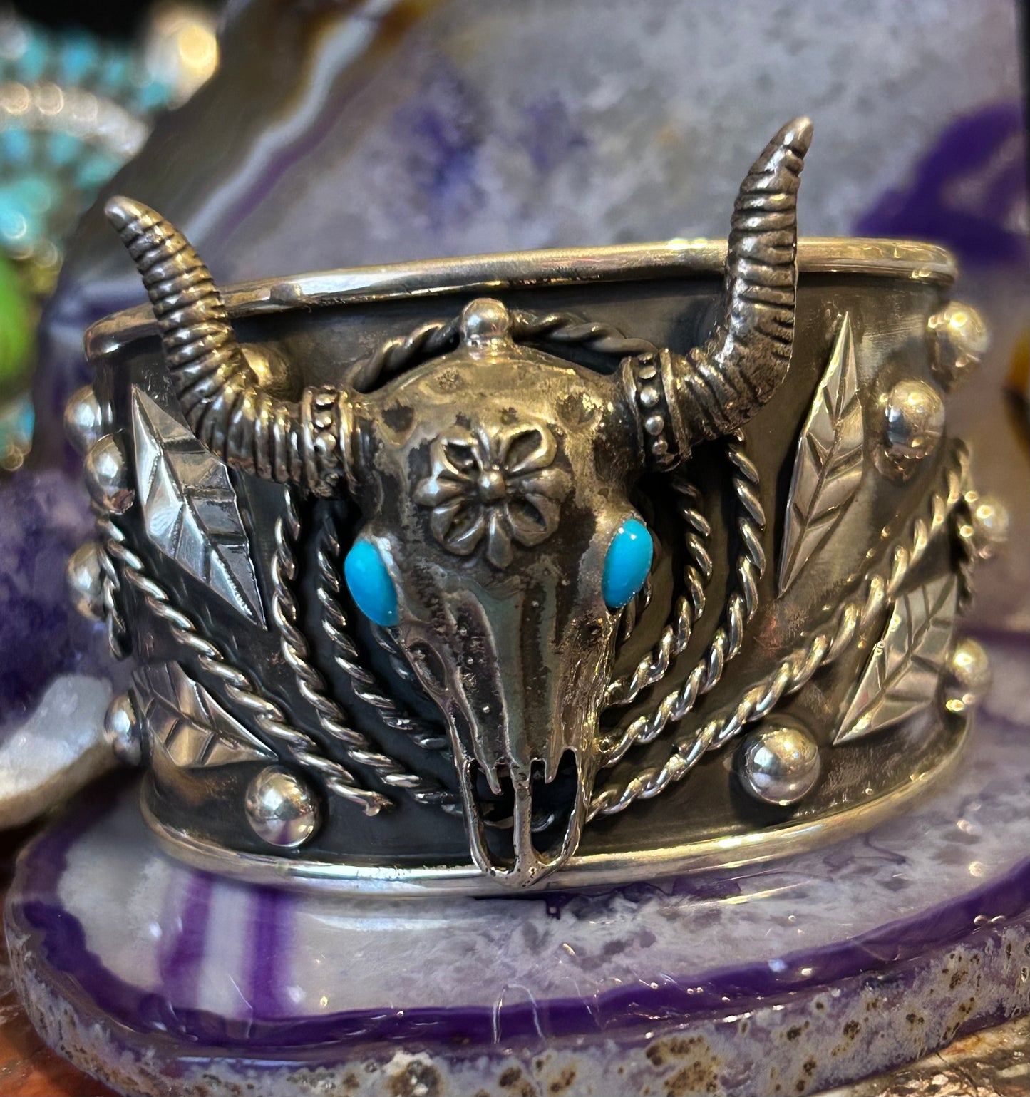 Taxco Mexico Sterling Silver Leaves & Bull Skull w/ Turquoise Statement Cuff Bracelet
