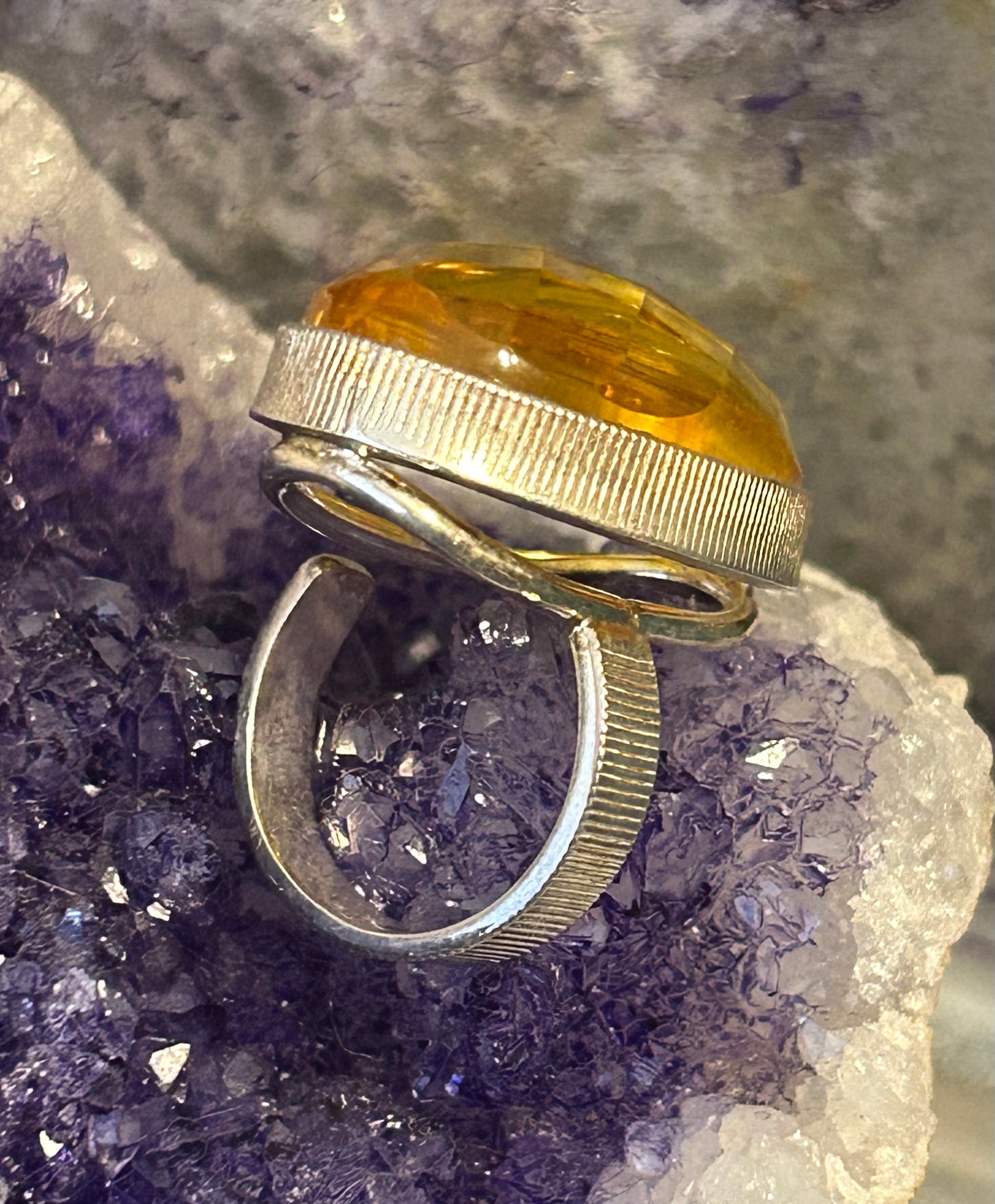 Sterling Silver Natural Citrine Faceted Amber Large Ring Adjustable