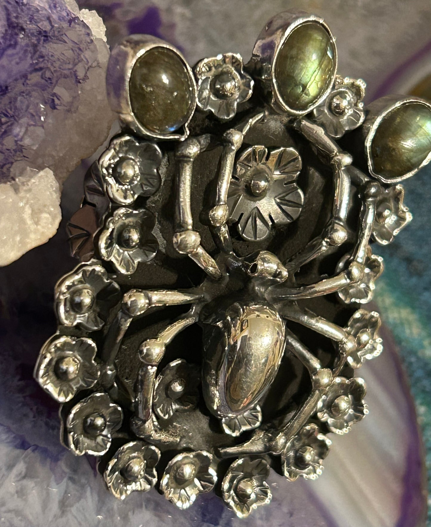 950 Silver Taxco Mexico Large Spider W/ Labradorite & Flowers Sz 7-8.5