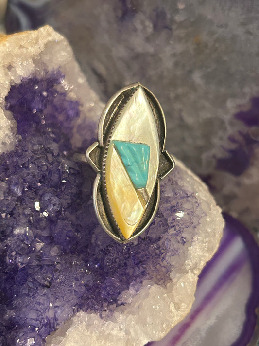 Vintage Sterling Silver Native American Turquoise & MOP Inlay Ring • Size 6.75