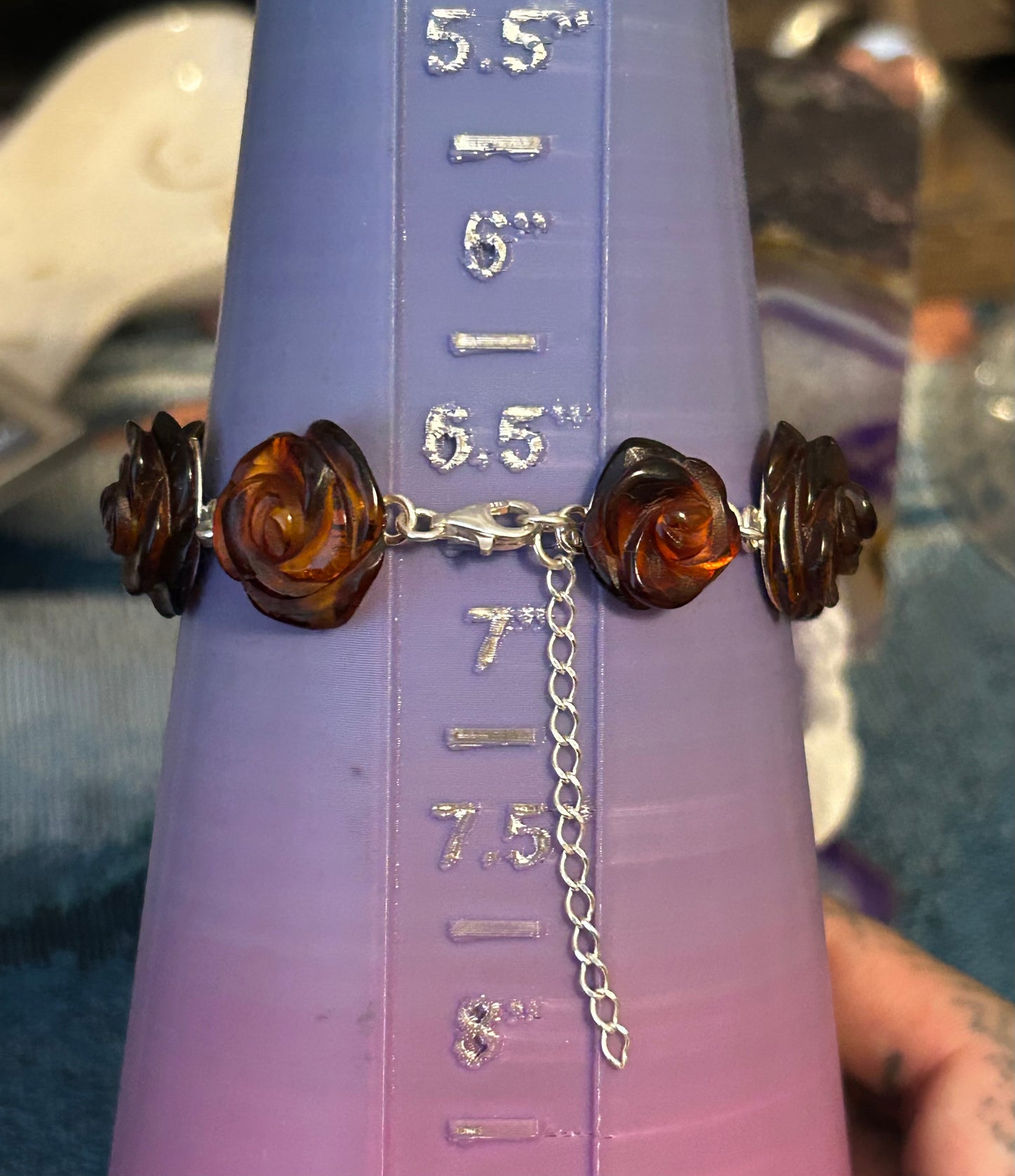 Sterling Silver Baltic Cognac Amber Carved Rose Link Bracelet