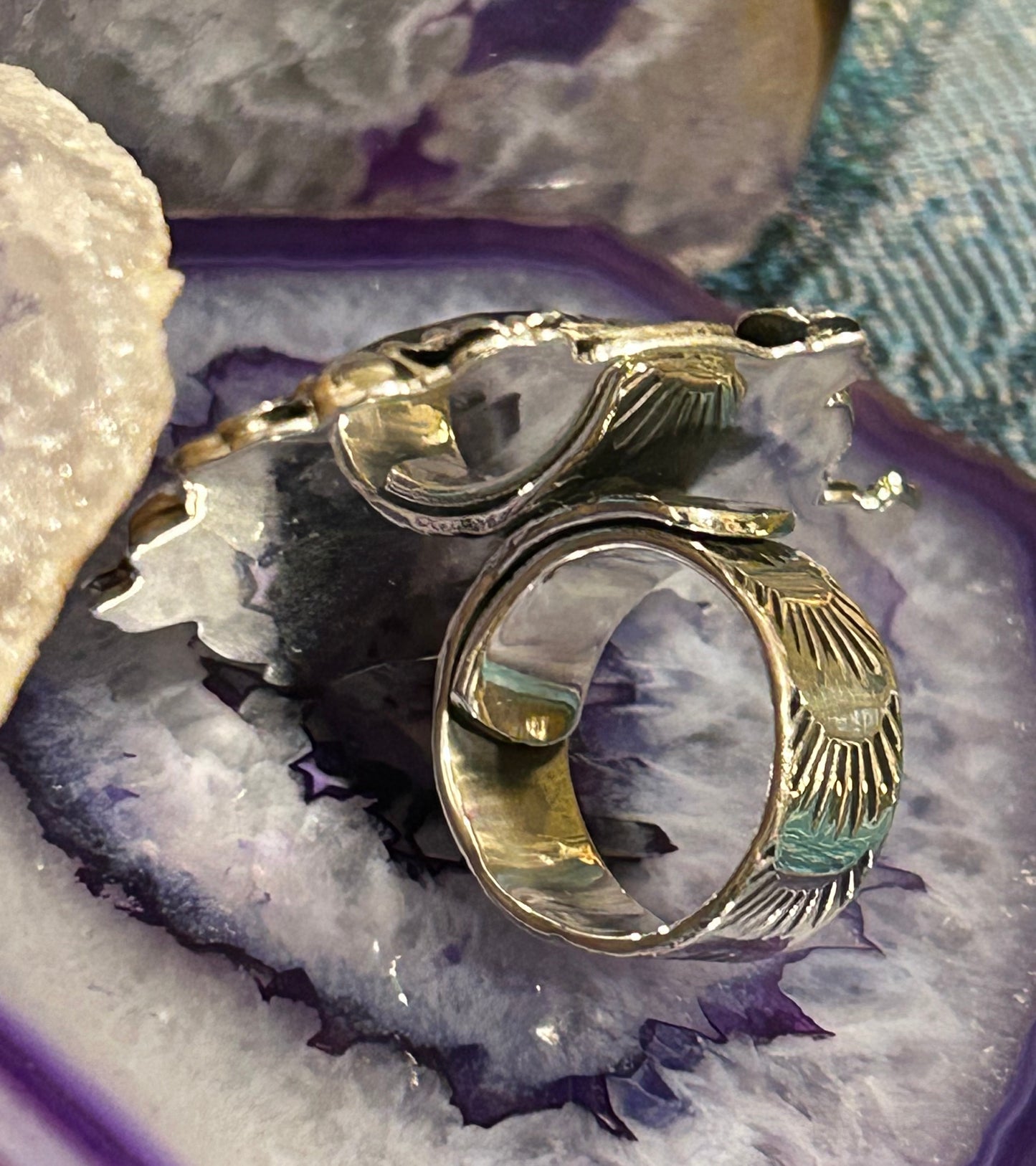 Sterling Silver Taxco Mexico Large Labradorite Flowers & Heart Statement Ring Adjustable