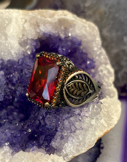 Sterling Silver Chunky Signet Style Vibrant Red Stone Turkish Ring Size 11.5