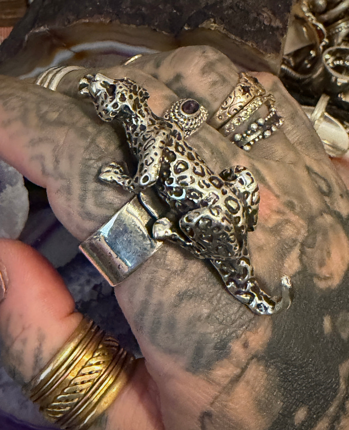 Sterling Silver Modern Taxco Mexico Statement Crawling Jaguar/Cheetah Ring