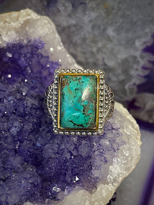 Sterling Silver Chrysocolla Chunky Ring w/ Gold Over Accent Size 6.5