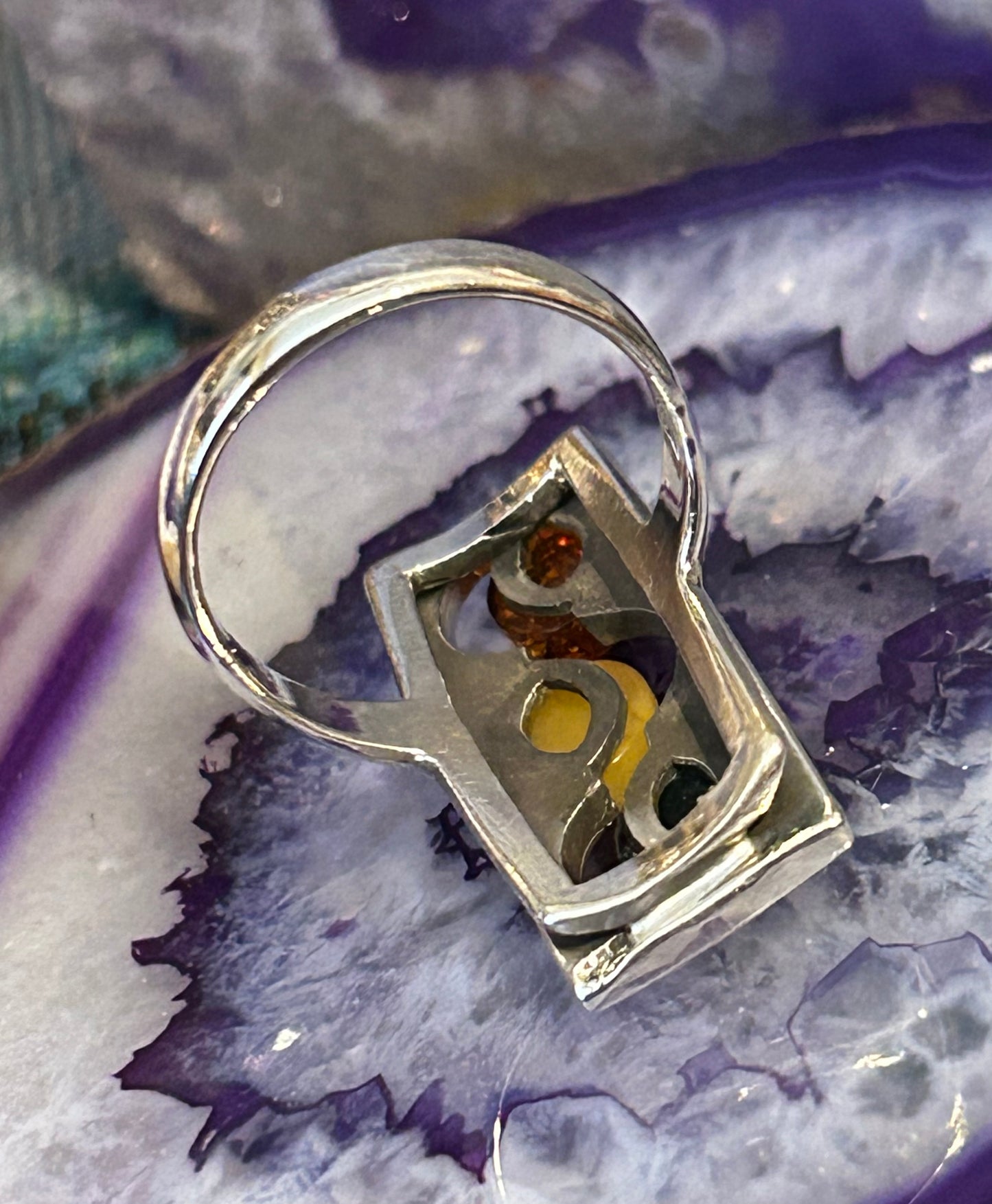 Vtg Deadstock Sterling Silver Abstract Modernist Baltic Amber Ring Size 9