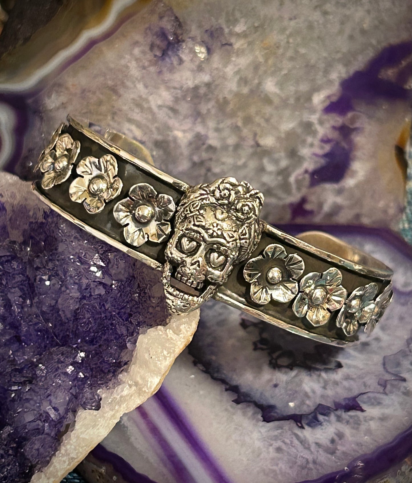 950 Silver Taxco Mexico Day Of The Dead Sugar Skull & Flowers Cuff Bracelet