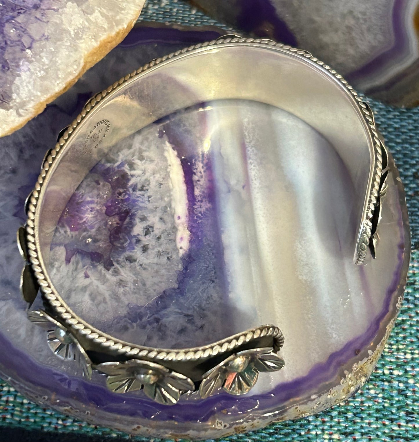 Sterling Silver Taxco Mexico Flower & Rope Handmade Cuff Bracelet