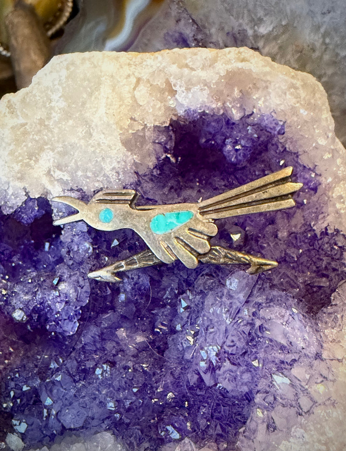 Vintage Native American Sterling Silver Turquoise Inlay Roadrunner Pin Brooch
