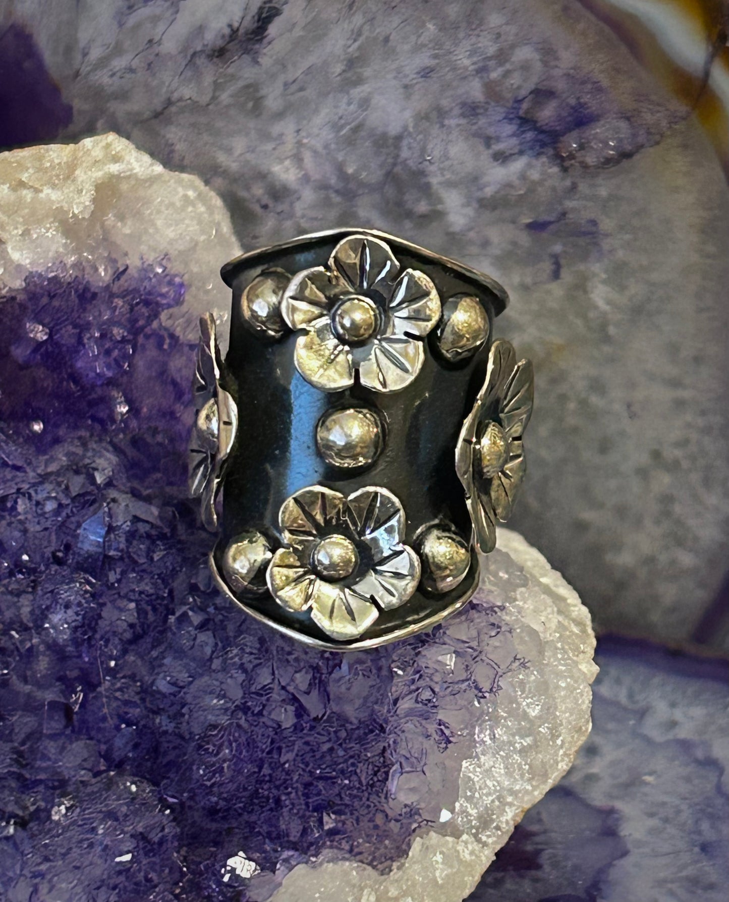 Sterling Silver Taxco Mexico Wide Flowers And Balls Ring Size 5-7