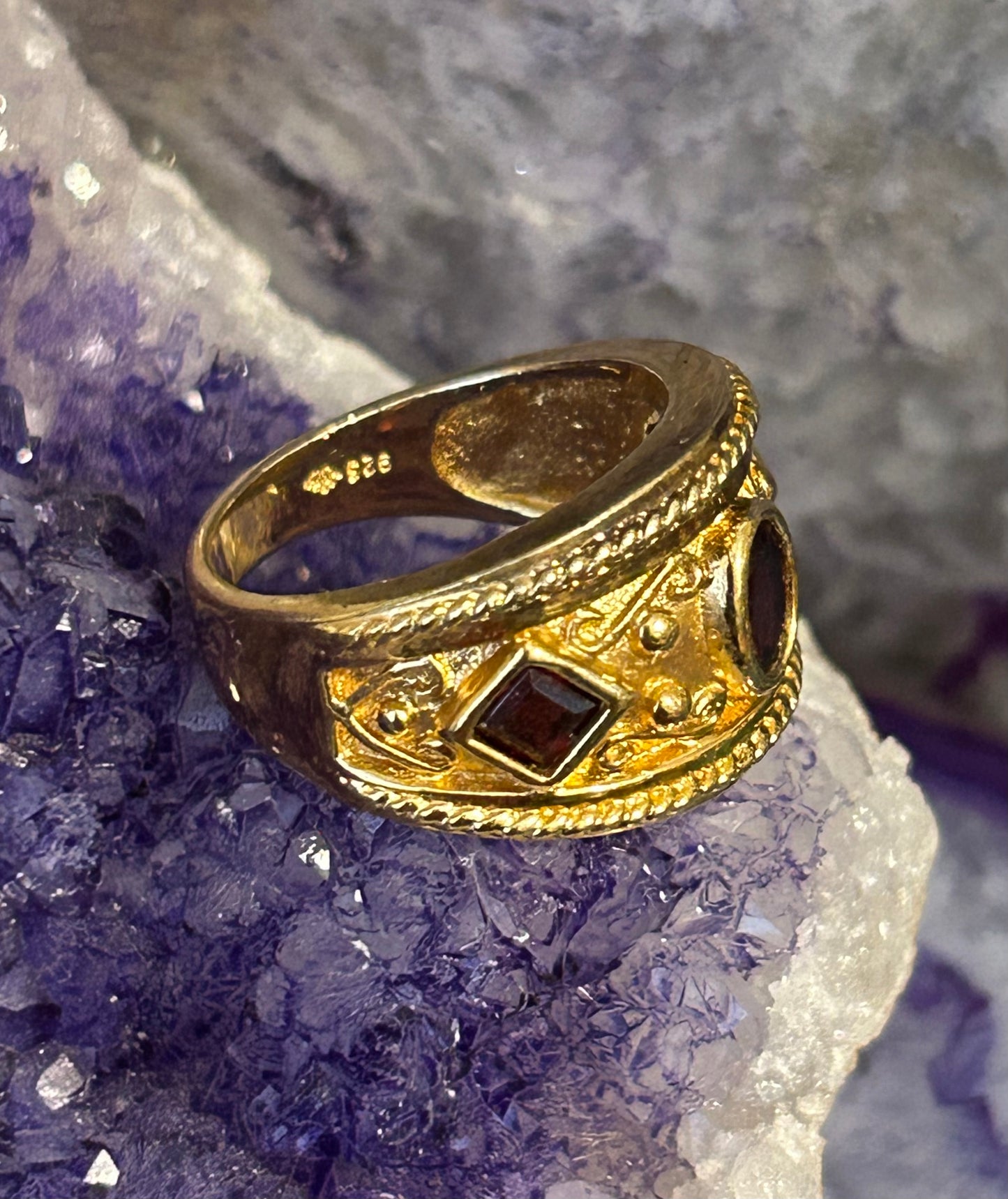 Vintage Sterling Silver Gold Vermeil Byzantine Style Ring • Size 8
