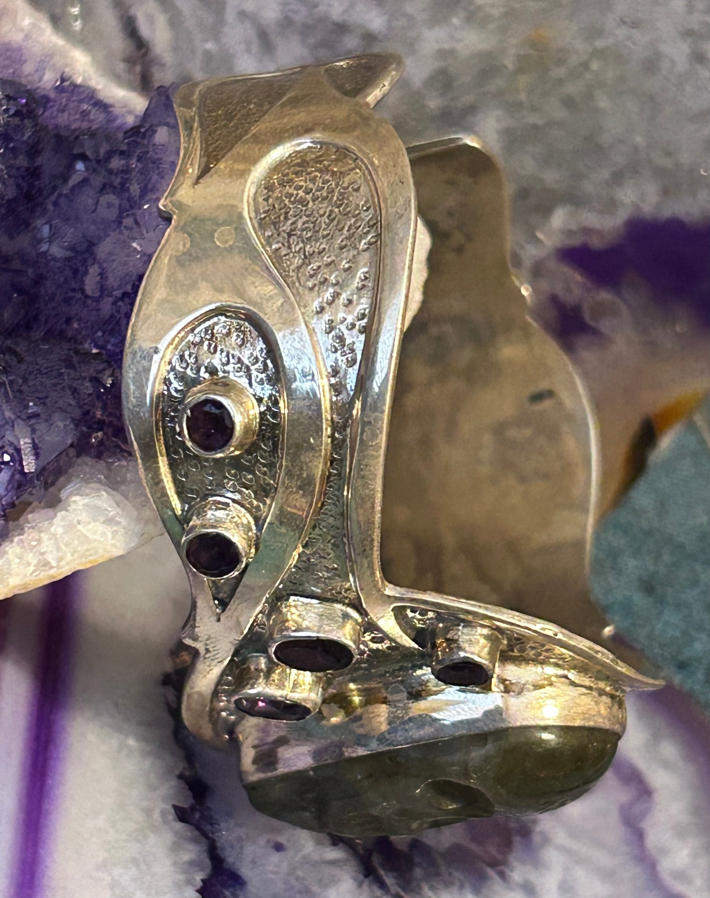 Sterling Silver 925 Labradorite Carved Skull & Amethyst Cuff Bracelet