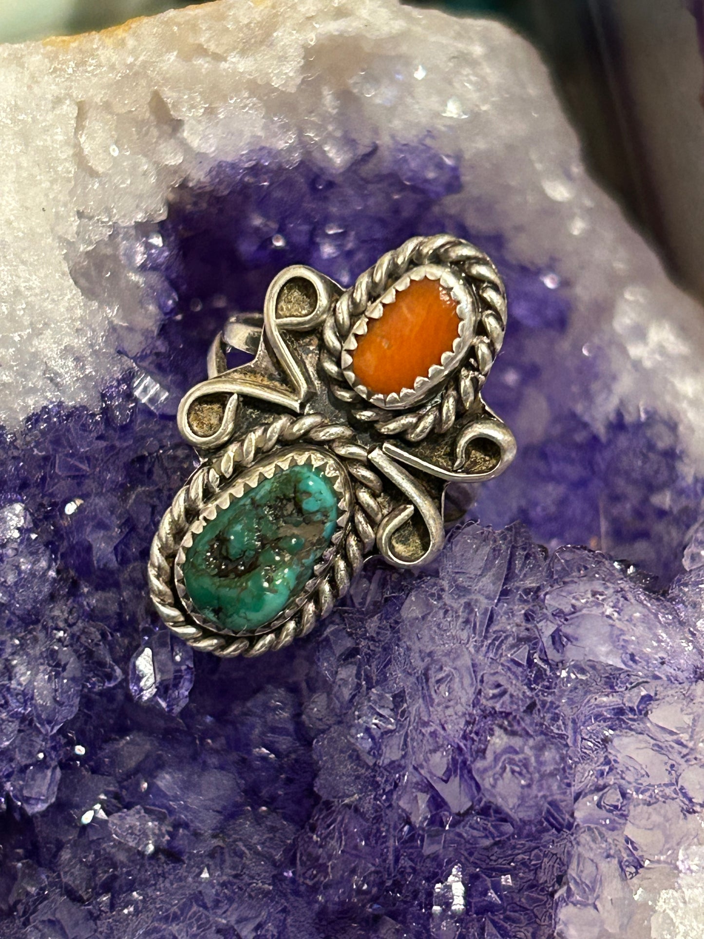 Sterling Silver Native Made Turquoise And Coral Ring Size 5