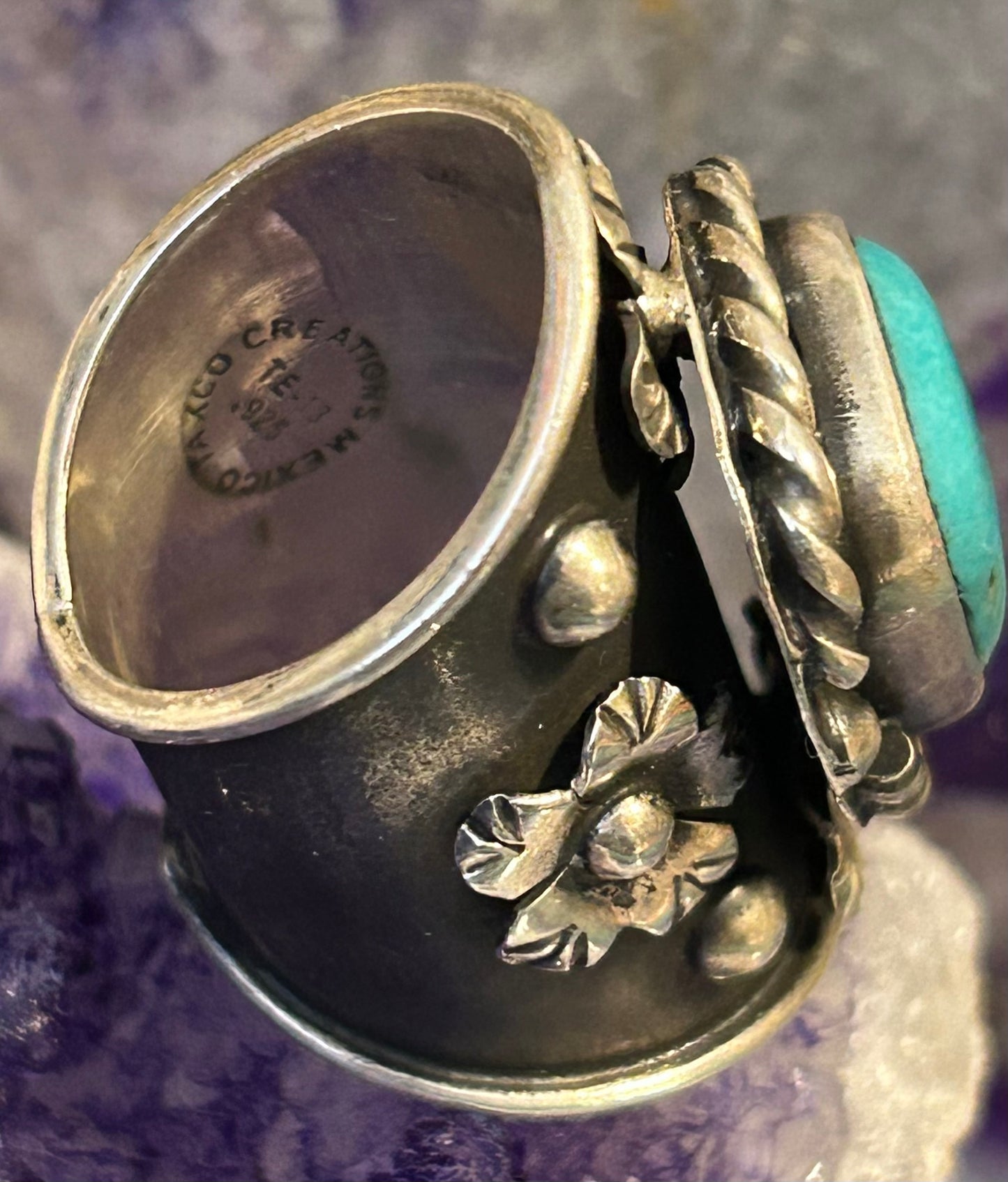 Sterling Silver Taxco Mexico Turquoise & Flowers Wide Band Statement Ring Sz 7