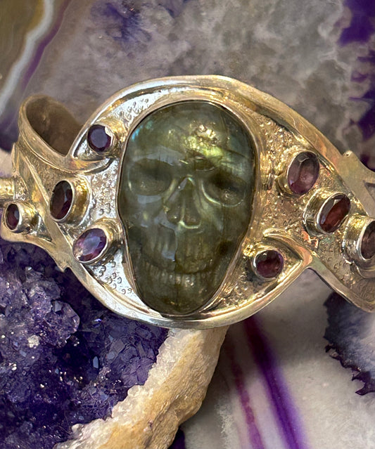 Sterling Silver 925 Labradorite Carved Skull & Amethyst Cuff Bracelet
