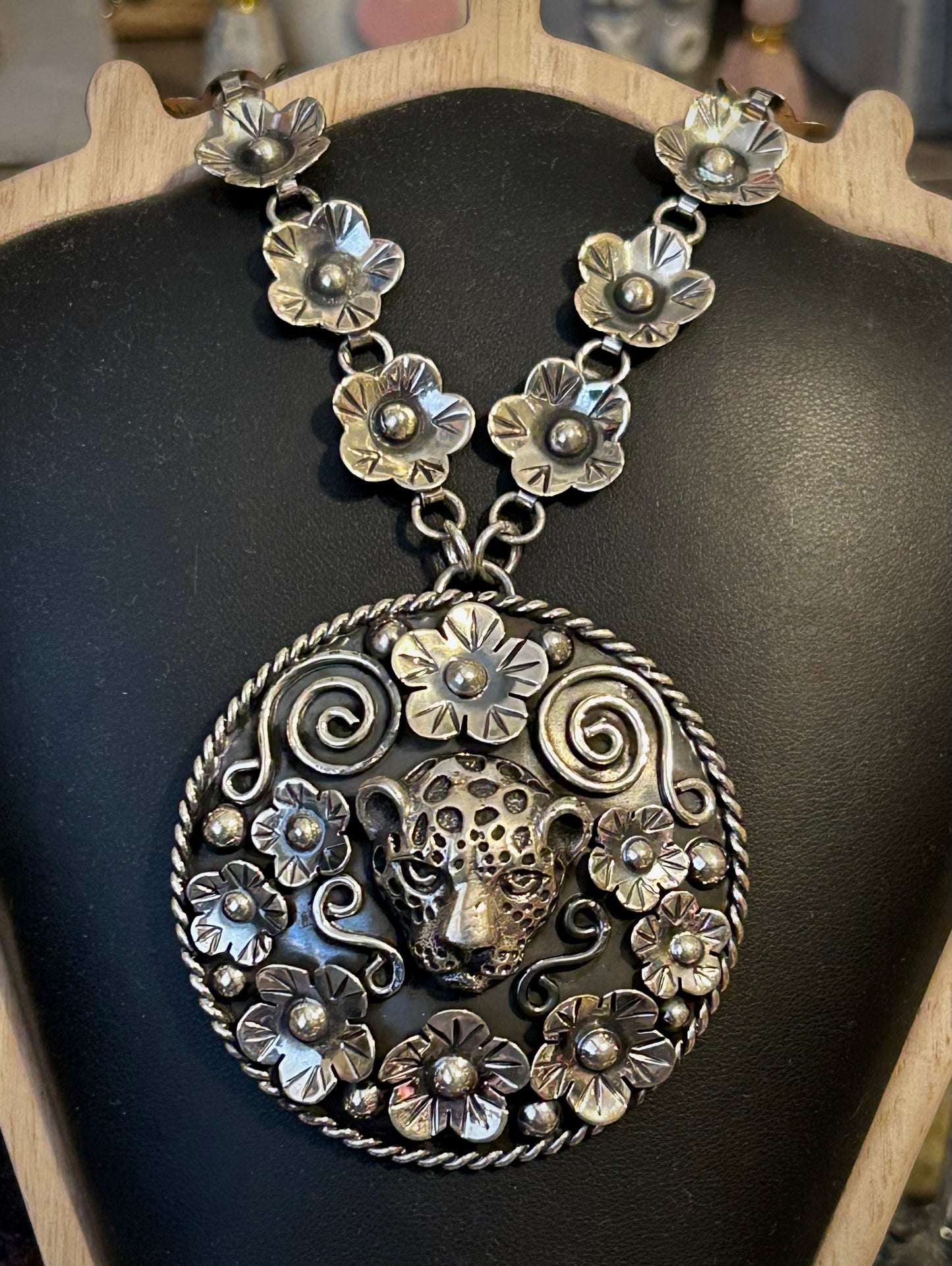 Sterling Silver Taxco Mexico Jaguar & Flowers Statement Pendant Necklace