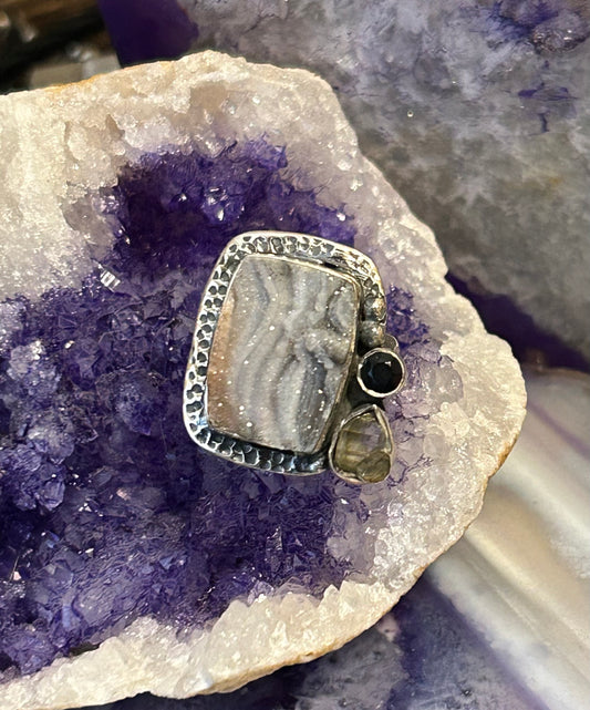 Sterling Silver 925 Druzy, Smokey Quartz, And Labradorite Adjustable Ring