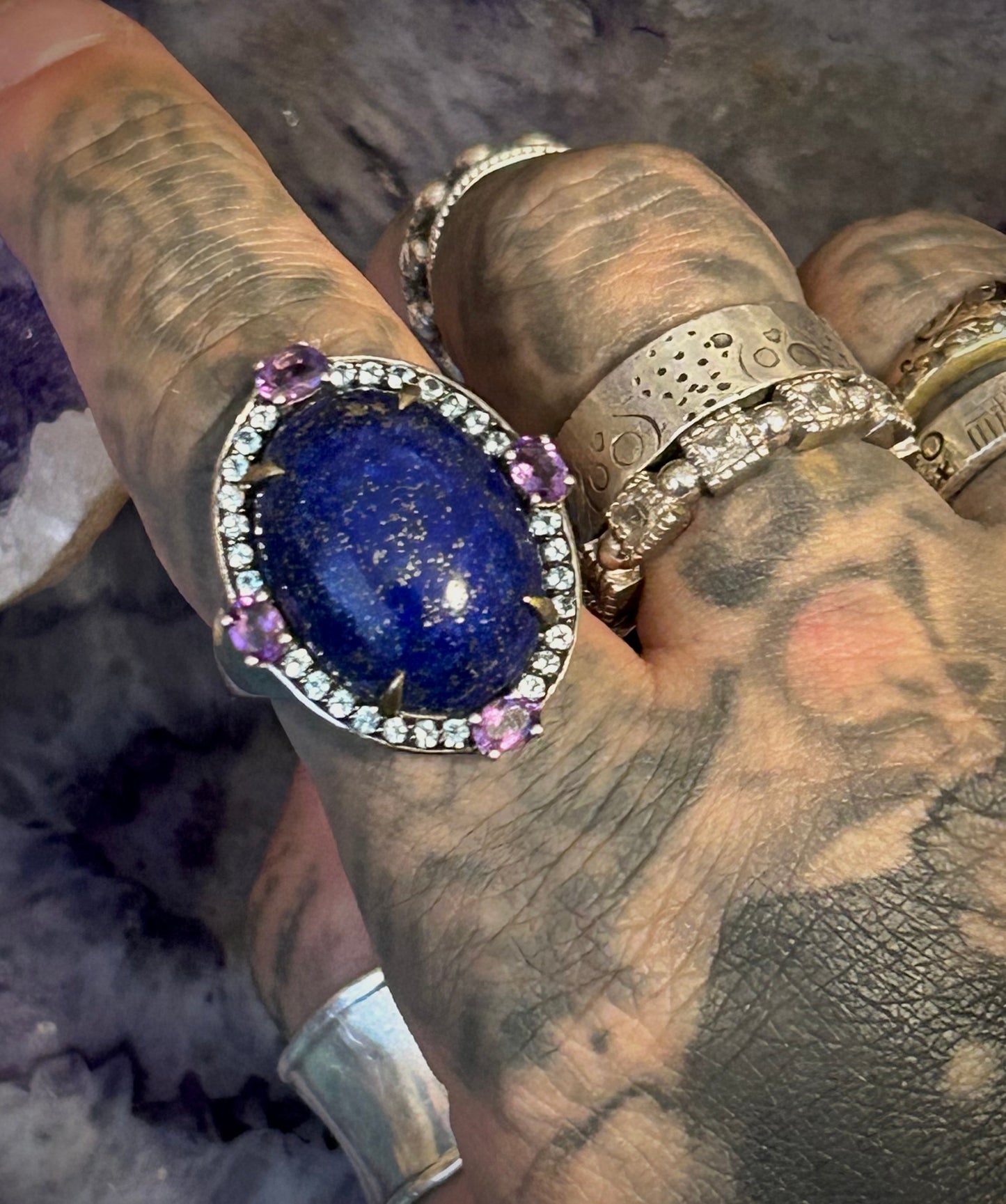 Vintage Sterling Silver Natural Gemstone Lapis, Topaz & Amethyst Ring • Size 8