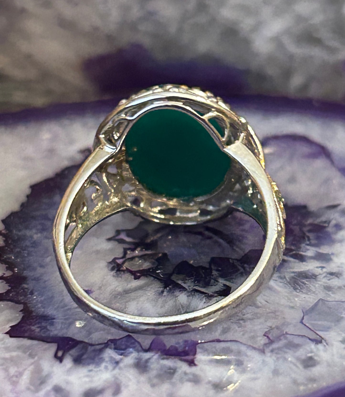 Vintage Sterling Silver Rose Cameo Green Onyx Ring Size 10