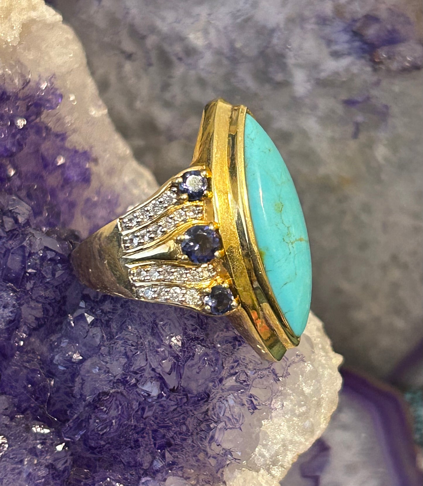 Sterling Silver w/ Gold Over Turquoise And Iolite Gemstone Ring Size 7