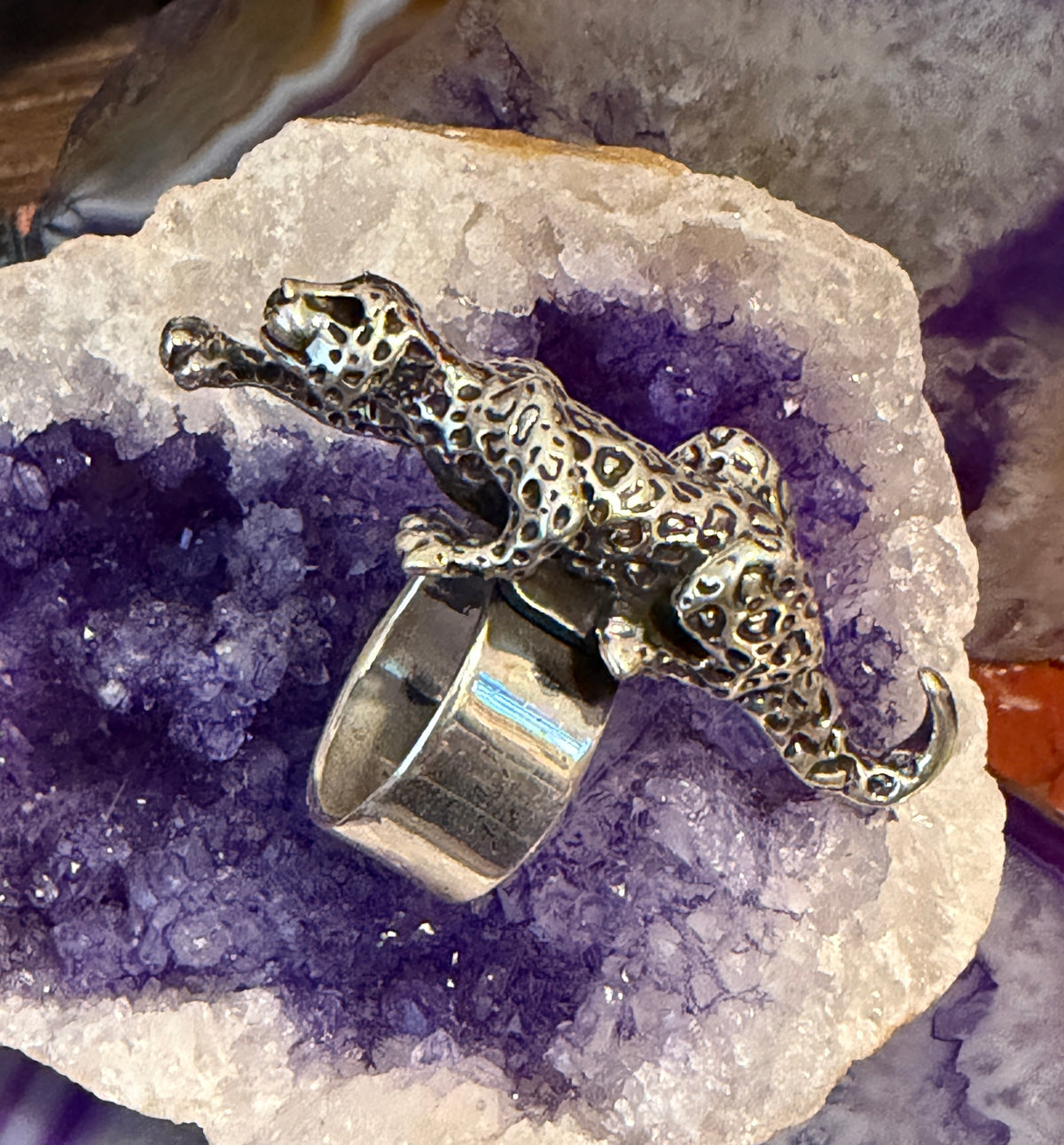 Sterling Silver Modern Taxco Mexico Statement Crawling Jaguar/Cheetah Ring