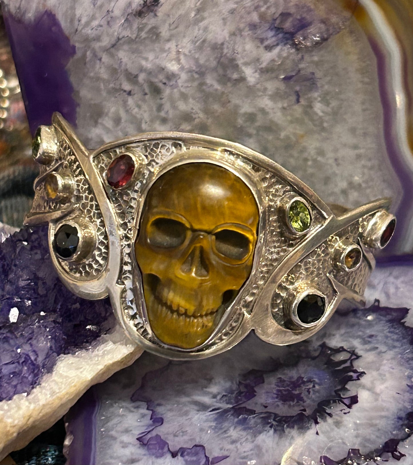 Sterling Silver, Tiger Eye, Multi-Stone Skull Cuff Bracelet