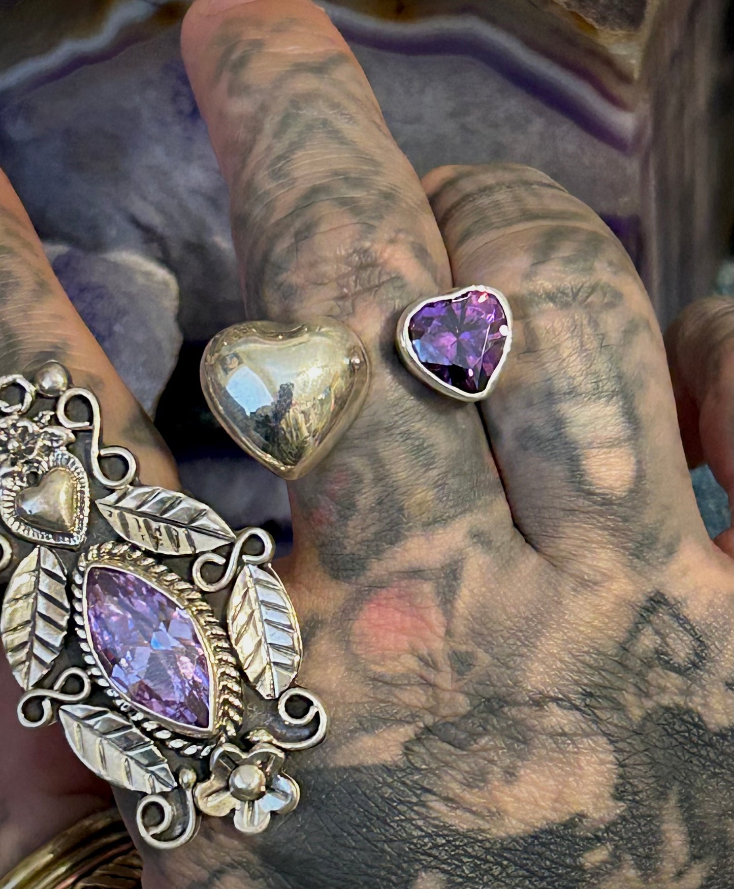 Sterling Silver Modern Taxco Mexico Purple Zircon & Puffy Heart Bypass Ring • 7-8.5