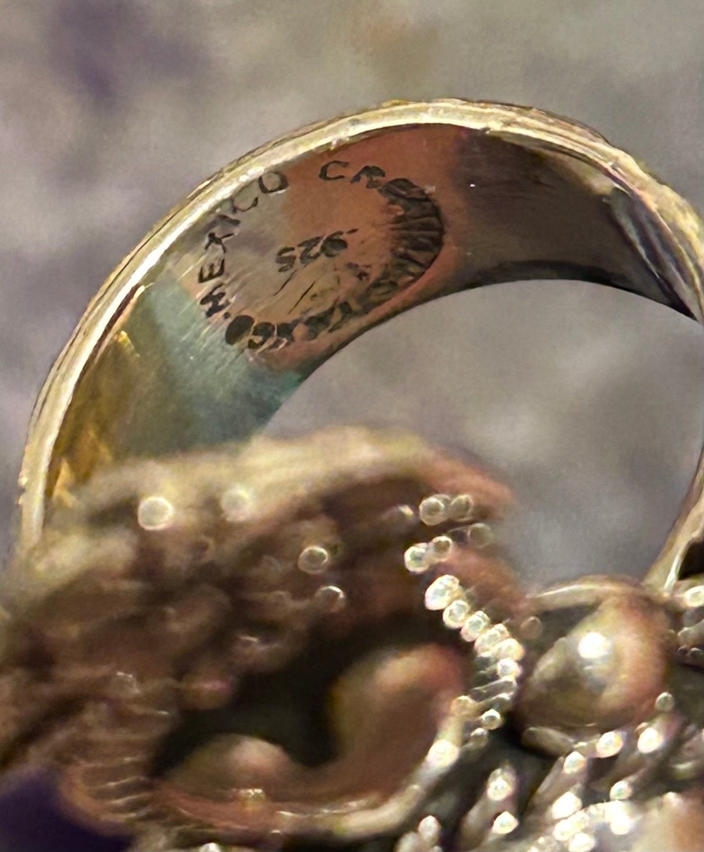 Sterling Silver Taxco Mexico Large Labradorite Flowers & Heart Statement Ring Adjustable