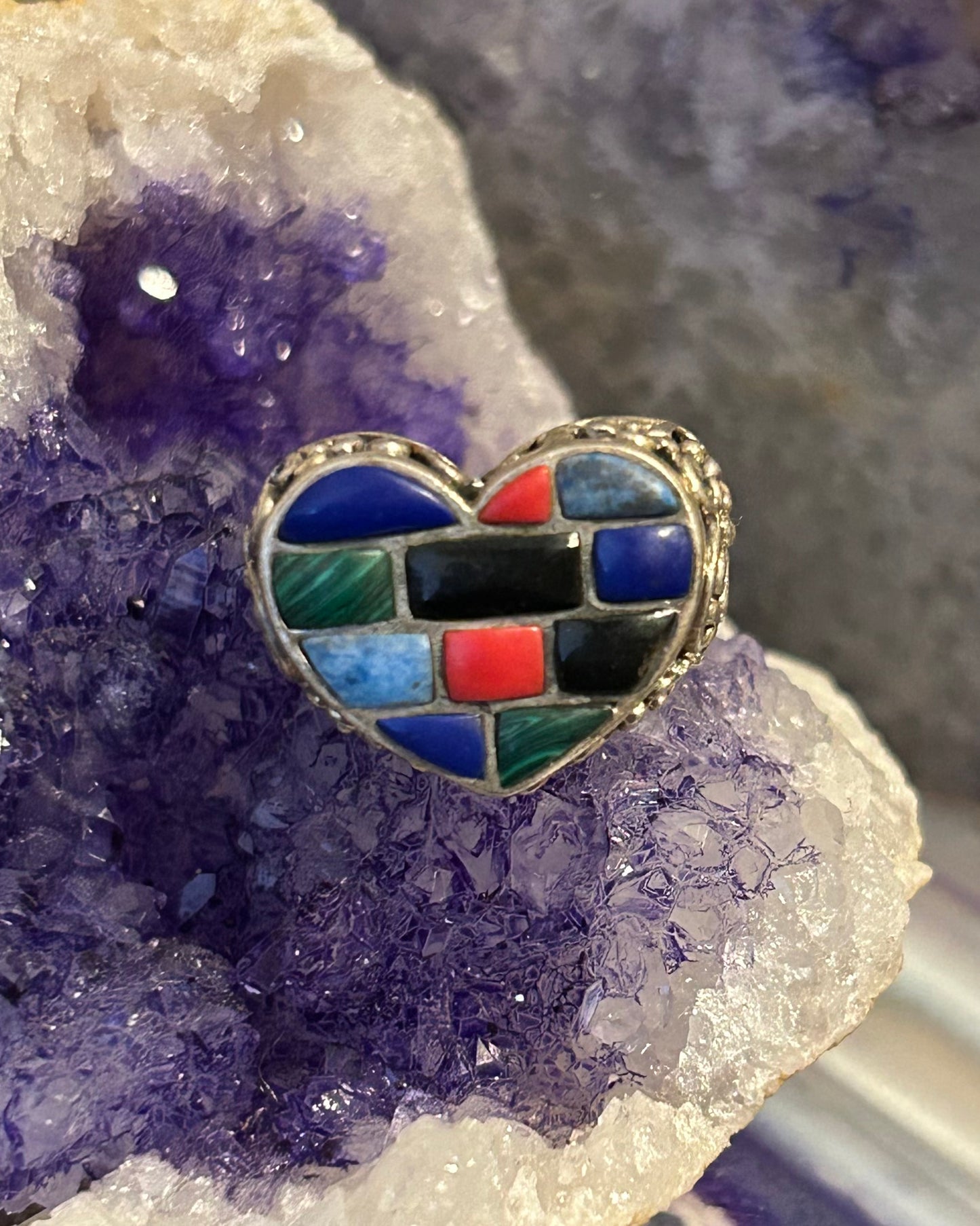 Vintage Sterling Silver Multi Stone Heart Ring w/ Flower Detailing • Size 6