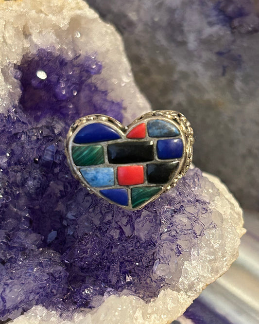 Vintage Sterling Silver Multi Stone Heart Ring w/ Flower Detailing • Size 6