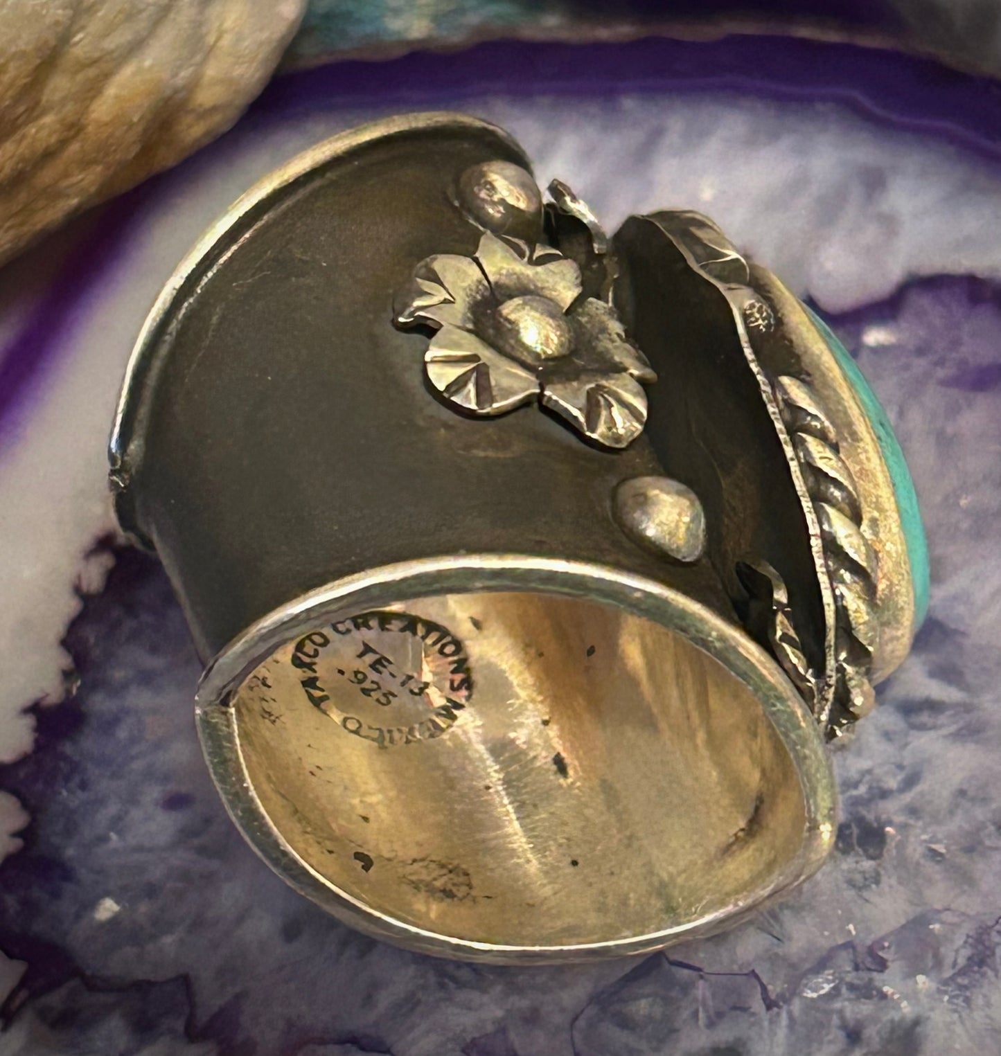 Sterling Silver Taxco Mexico Turquoise & Flowers Wide Band Statement Ring Sz 7.5
