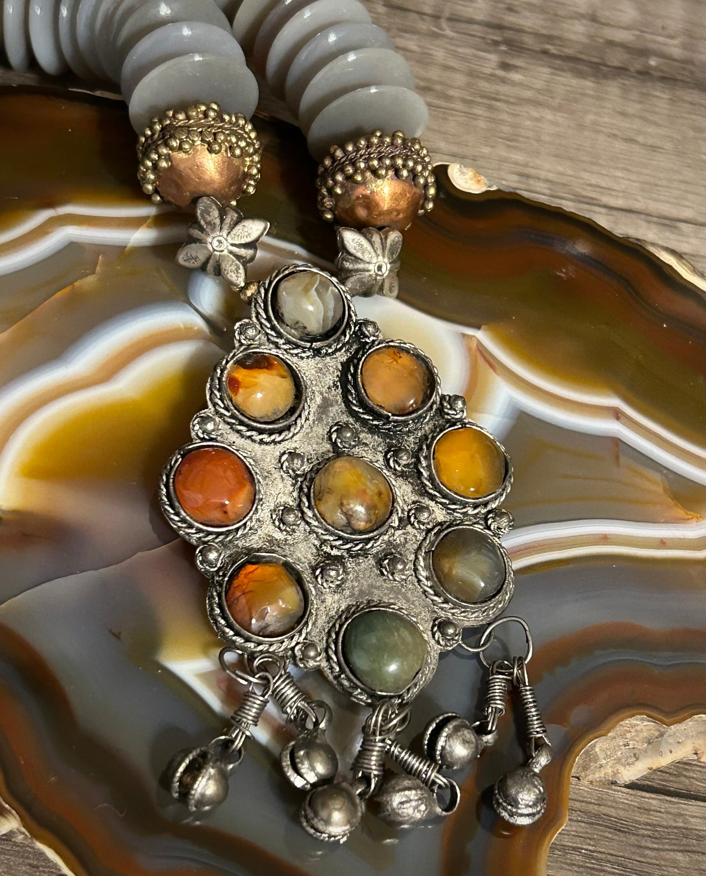 Vintage Rosemary G Ro-Do Beaded Necklace W/ Multi Stone Pendant