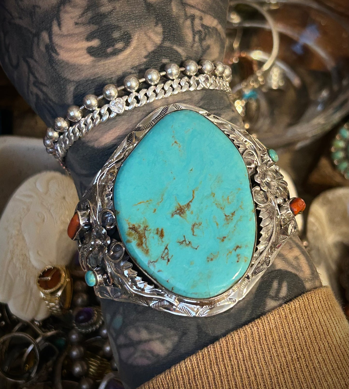 Sterling Silver Southwestern Large Turquoise & Coral Statement Cuff Bracelet