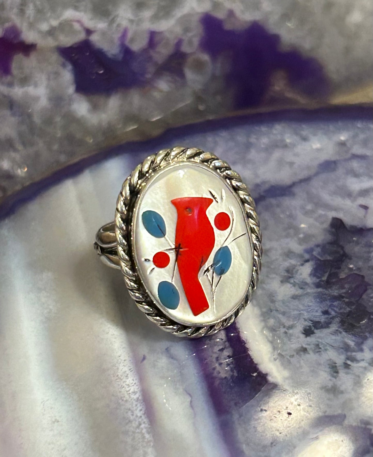 Sterling Silver Zuni Navajo Inlaid Cardinal Bird MOP Gemstone Ring Size 4