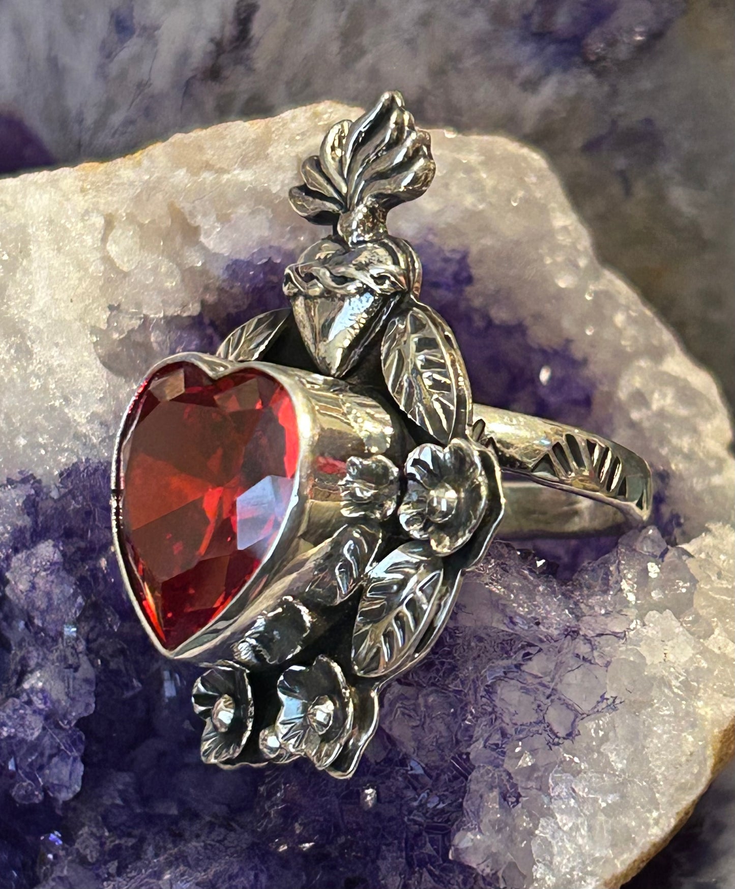 Taxco Mexico 950 Silver Red Zircon Sacred Heart & Flowers Ring Adjustable