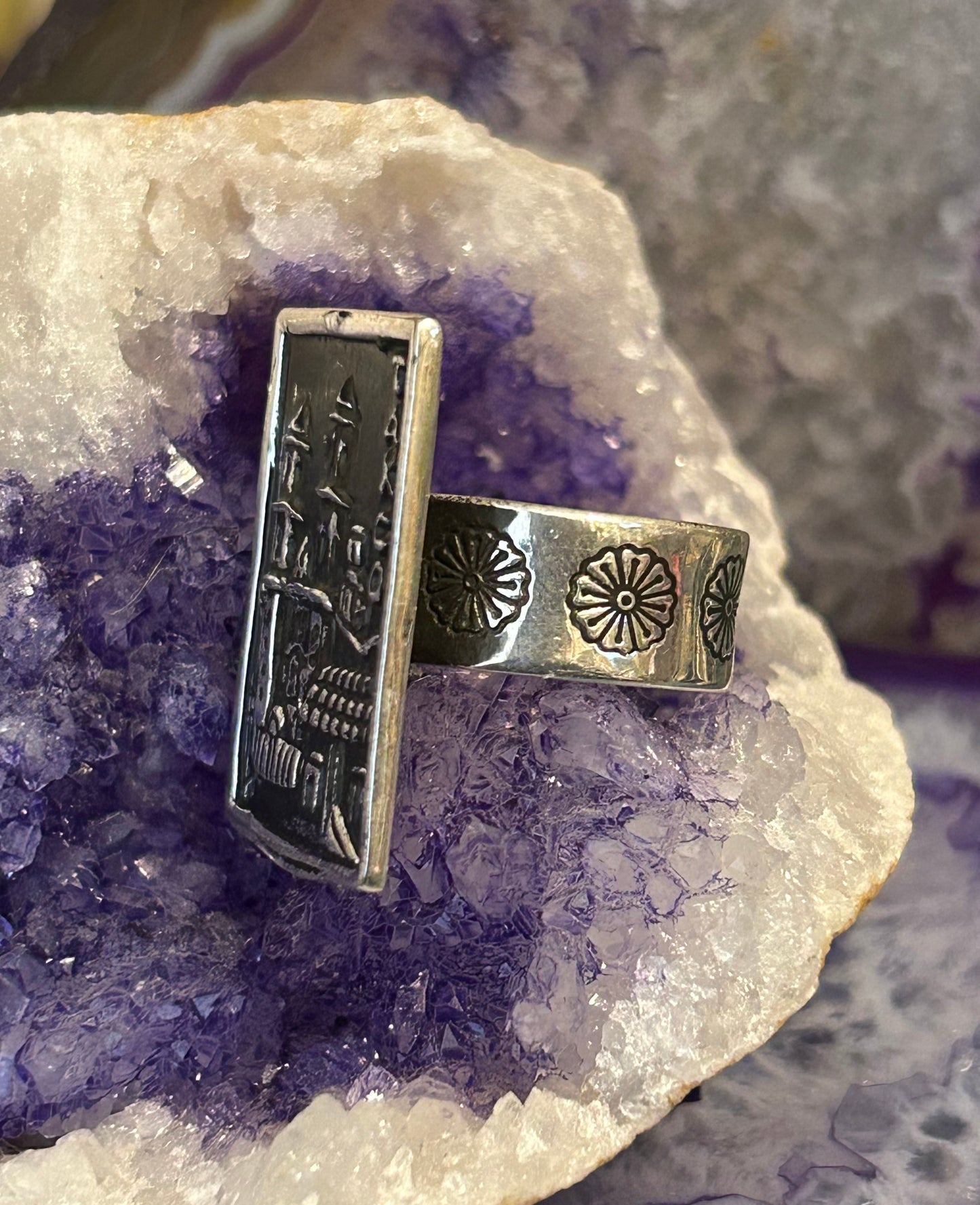 Sterling Silver Modern Taxco Mexico “TAXCO” City Scene Loteria Card Ring