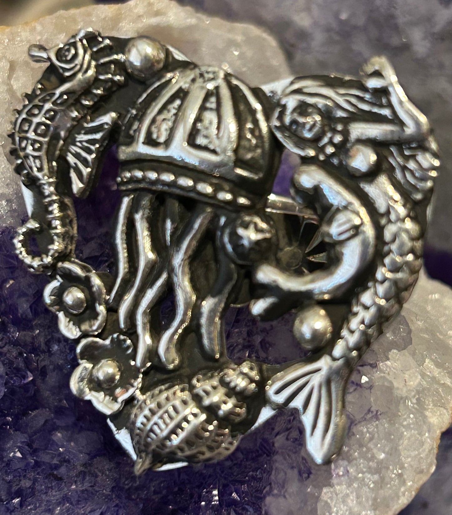 Sterling Silver Taxco Mexico Large Statement Ocean Theme Mermaid Jellyfish Ring • Adjustable