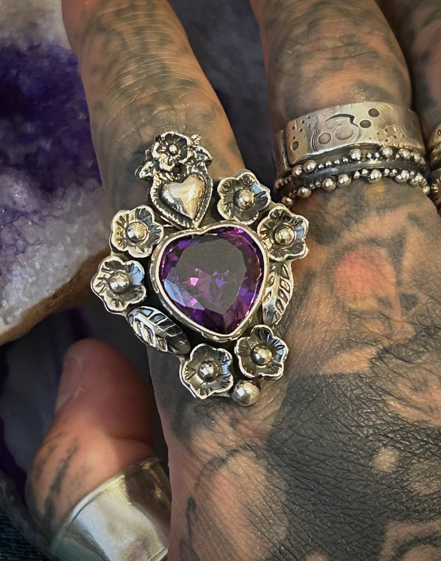 Sterling Silver Modern Taxco Mexico Purple Zircon Heart & Flowers Adjustable Ring