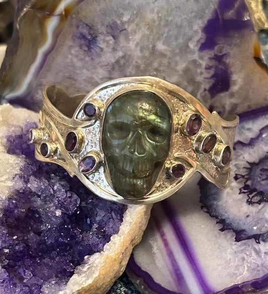 Sterling Silver 925 Labradorite Carved Skull & Amethyst Cuff Bracelet