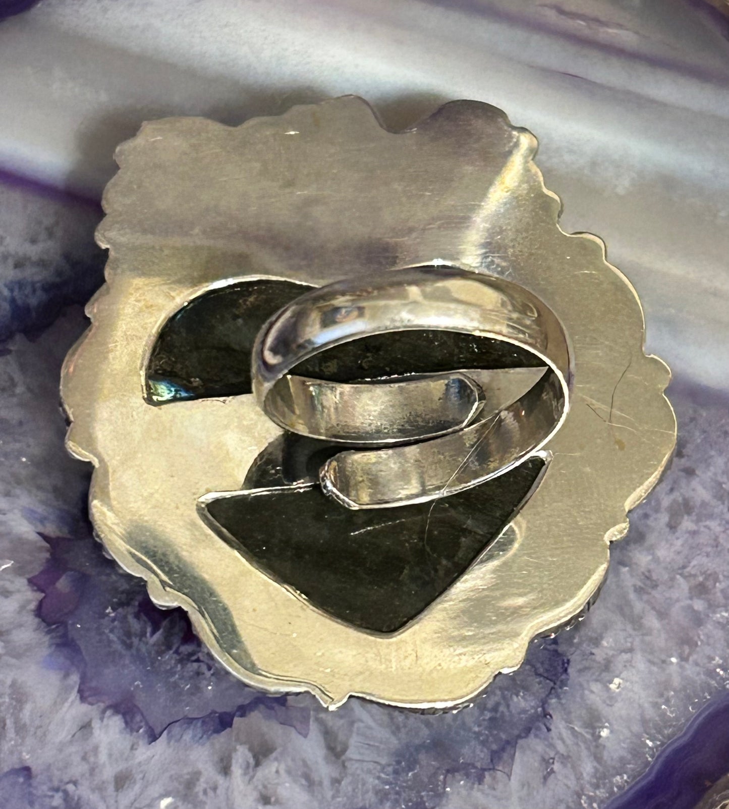 Sterling Silver Taxco Large Labradorite Stone Heart Ring Adjustable