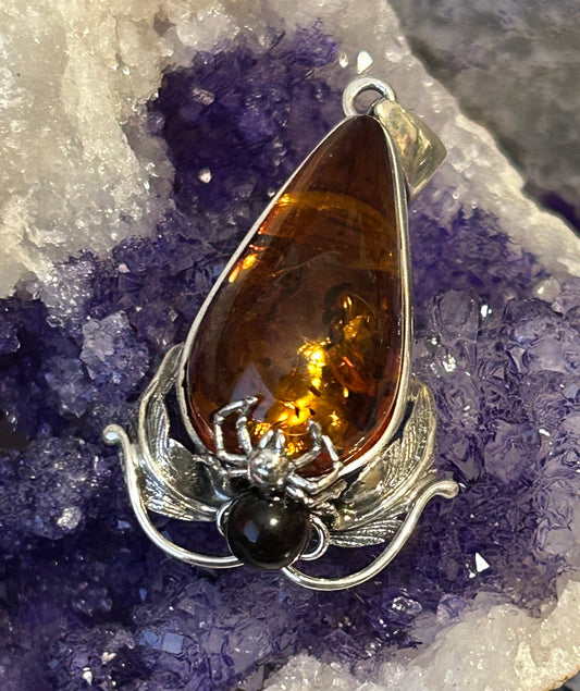 Sterling Silver And Natural Baltic Amber Pendant W/ Spider