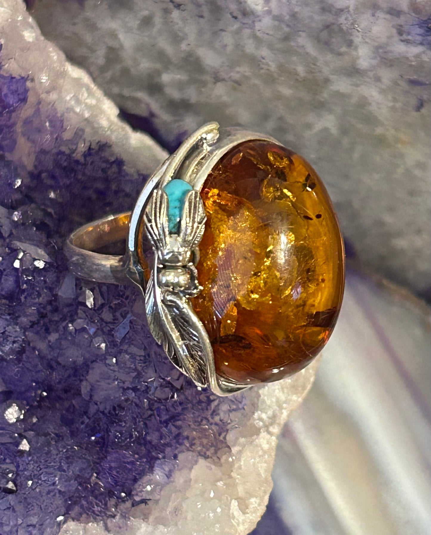 Sterling Silver w/ Large Natural Amber Stone & Turquoise Fly Ring Adjustable
