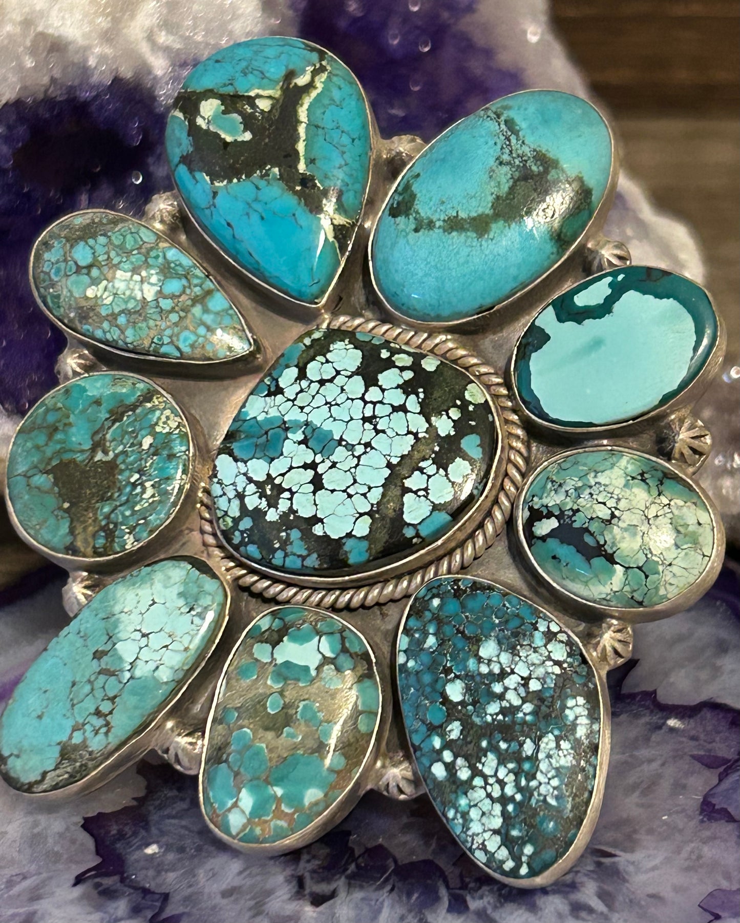 Sterling Silver & Natural Hubei Turquoise Large Multi-Stone Statement Ring Adjustable