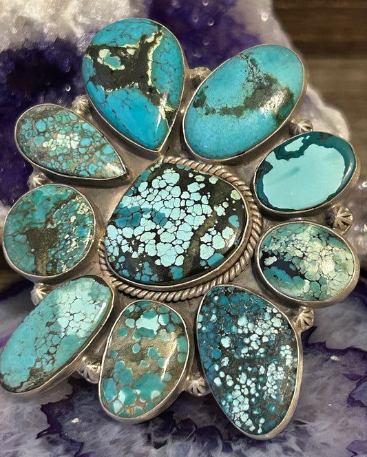Sterling Silver & Natural Hubei Turquoise Large Multi-Stone Statement Ring Adjustable