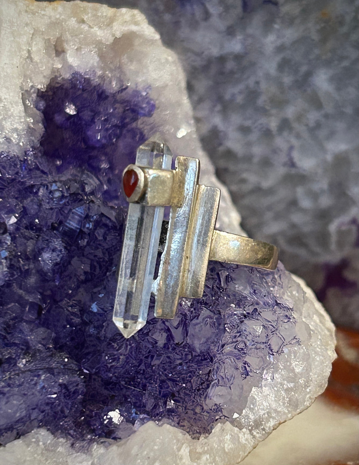 Vintage Estate Sterling Silver Crystal Point & Red Stone Ring Size 9