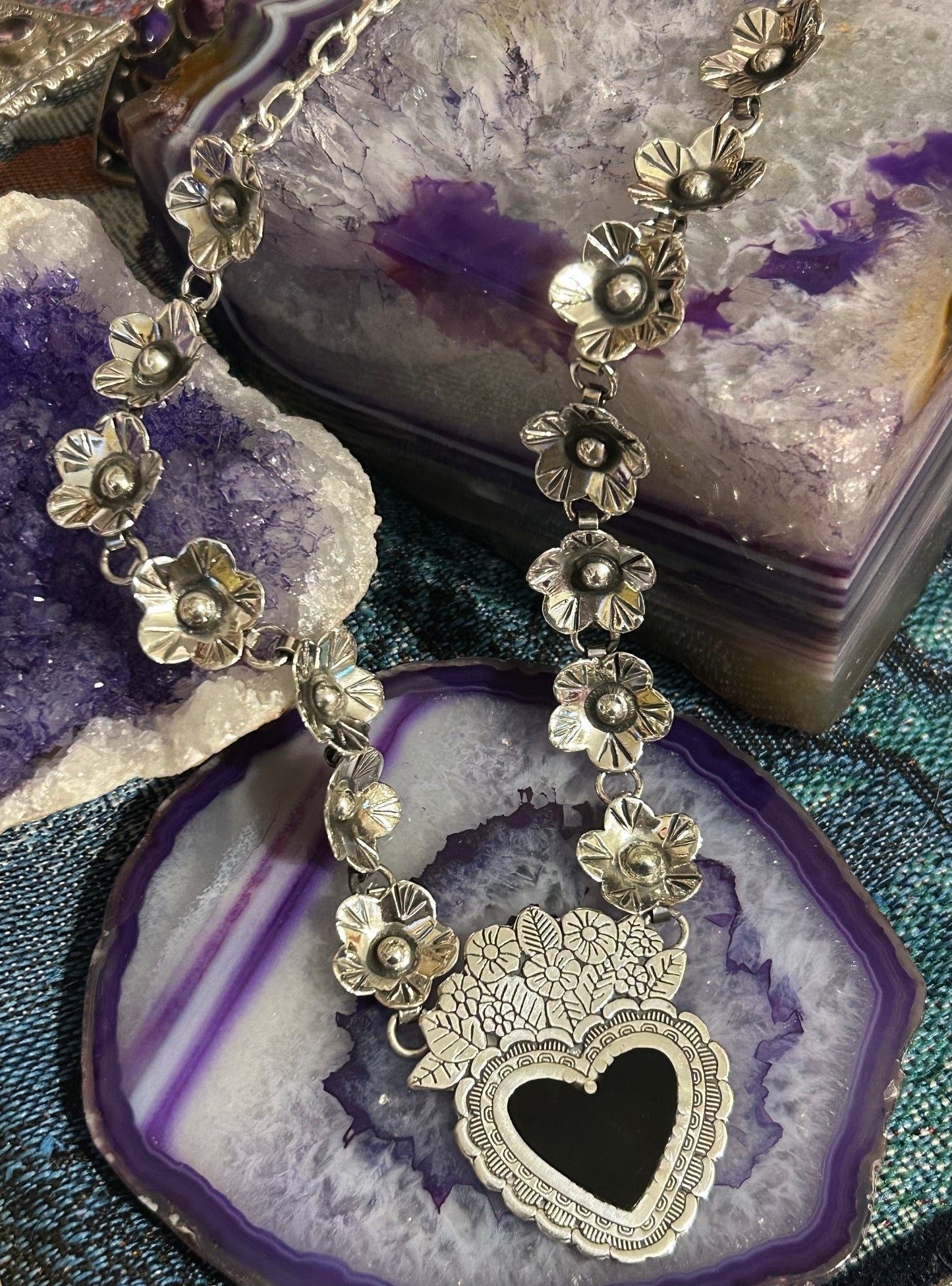 Sterling Silver 925 Made In Taxco Flower & Heart Link Necklace