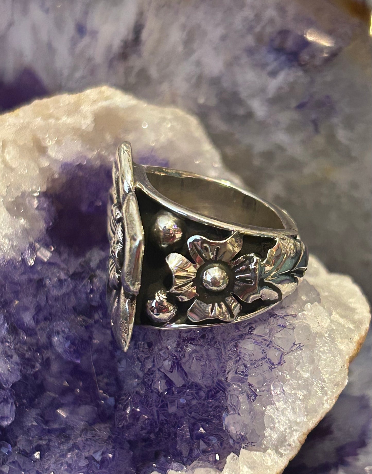 Sterling Silver Taxco Mexico Large Flower And Leaf Ring Size 7.25-9