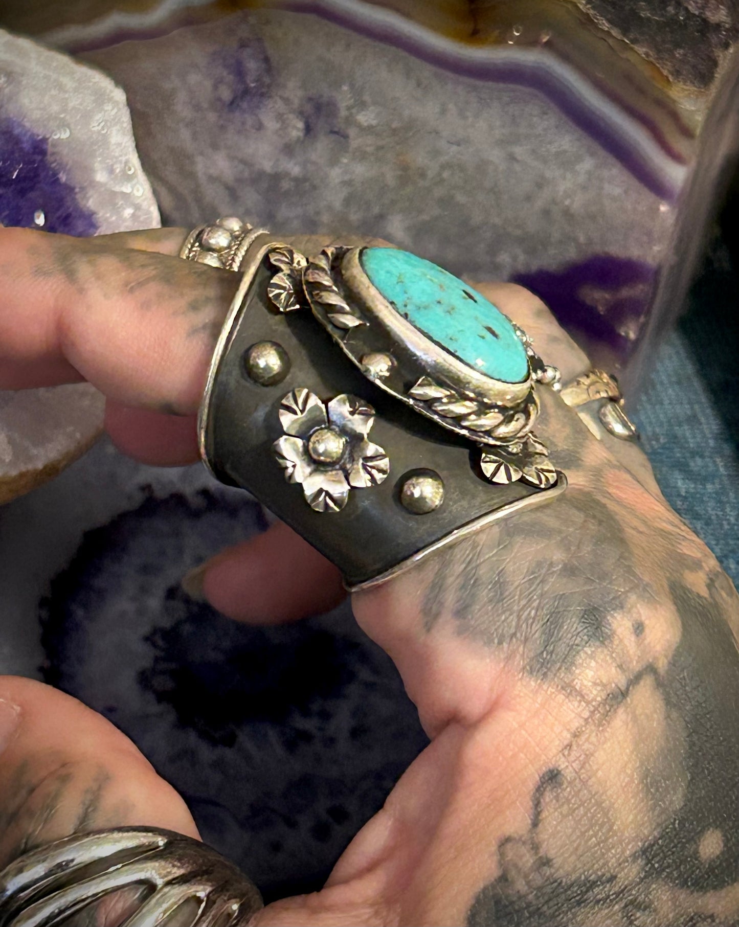 Sterling Silver Taxco Mexico Turquoise & Flowers Wide Band Statement Ring Sz 7.5